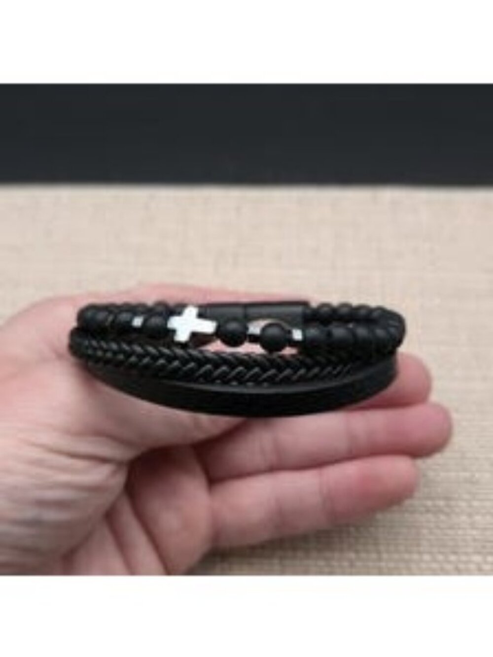 7 Inch Onyx Bead Braided Multi Layer Black Leather Cross Bracelet B1509